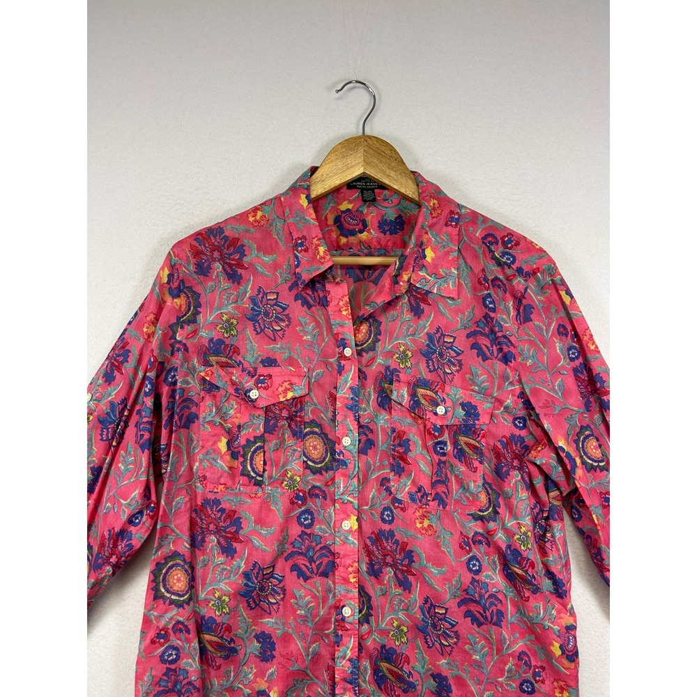 Boho Floral Lauren Ralph Lauren Womens XL Pink Paisley Cotton Button Down Shirt - Picture 4 of 9